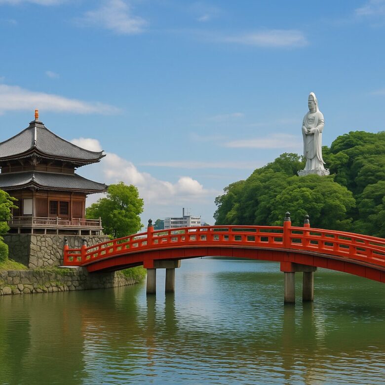 久留米市の天女大橋と観音像、寺院が調和する風景