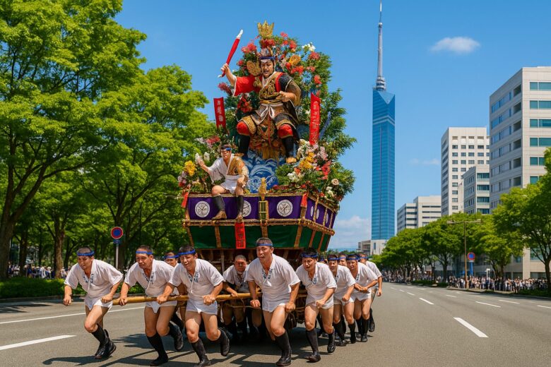 博多祇園山笠の山車が都市部を走る様子、背景に福岡タワー