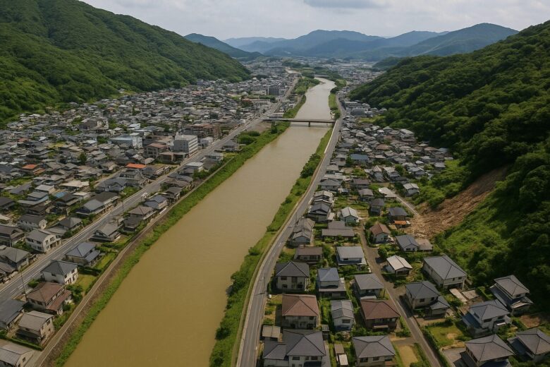 北九州市の川沿いの住宅地と、斜面の土砂崩れ跡が見える航空写真風の実写画像