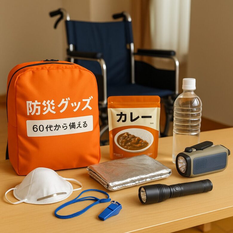 車椅子の前に防災リュック、水、非常食、ラジオ、懐中電灯などの避難用品が並べられた室内の風景。