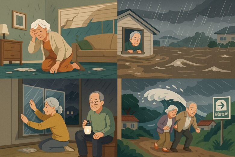 高齢者が地震・洪水・台風・津波の4つの自然災害に直面する様子を描いたイラスト。室内で倒れそうな女性、浸水した家屋の中の男性、窓を補強する老夫婦、高台へ逃げる高齢者夫婦の4場面で構成。