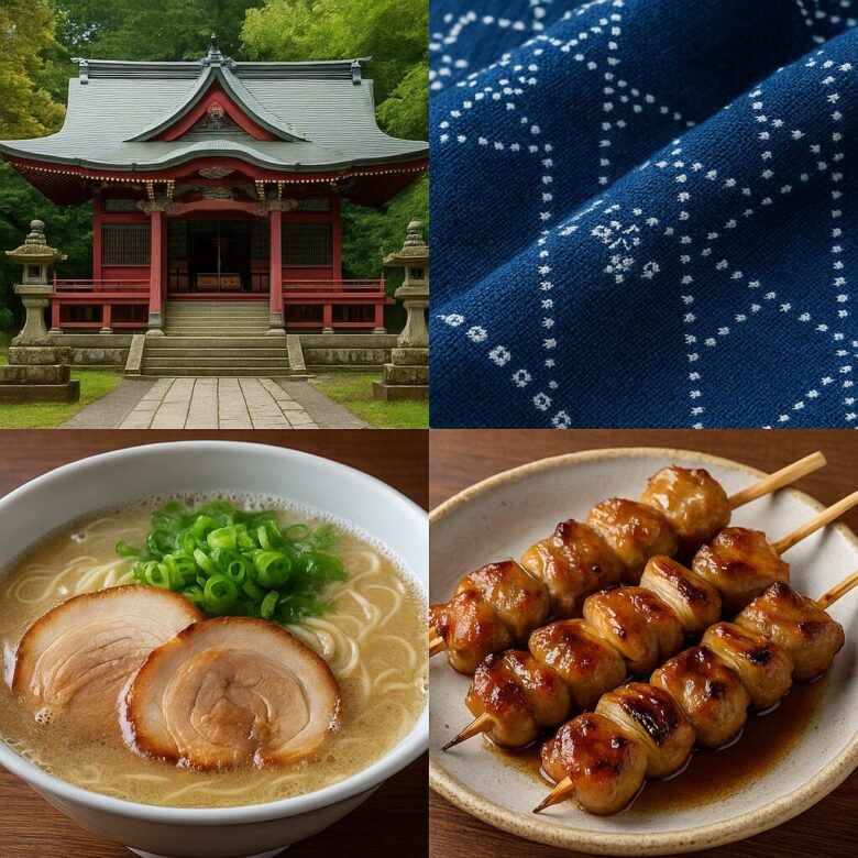 高良大社、久留米絣、とんこつラーメン、焼き鳥など久留米市の文化と郷土料理を伝える写真コラージュ