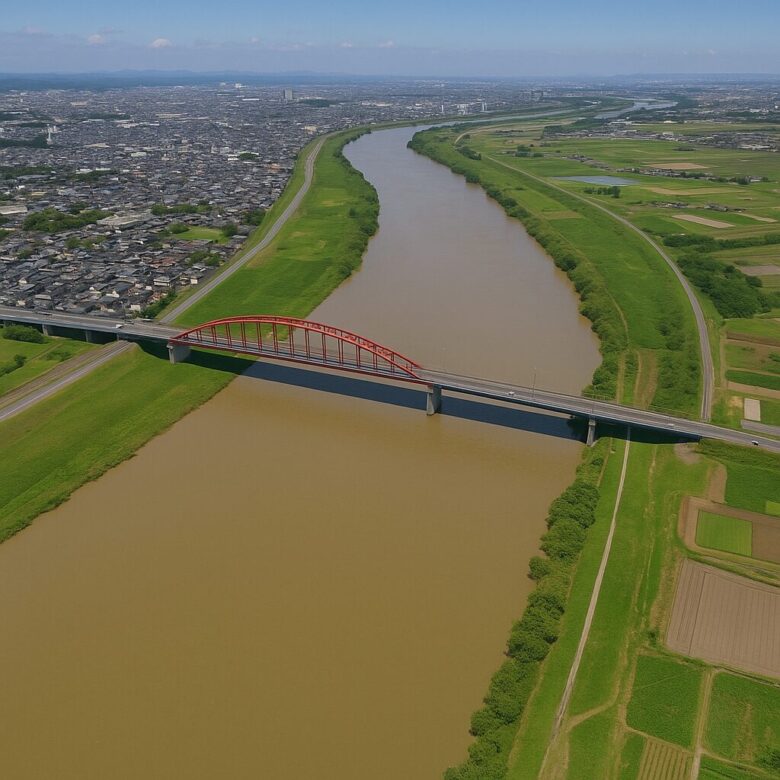 筑後川と赤いアーチ橋を上空から撮影した久留米市の風景