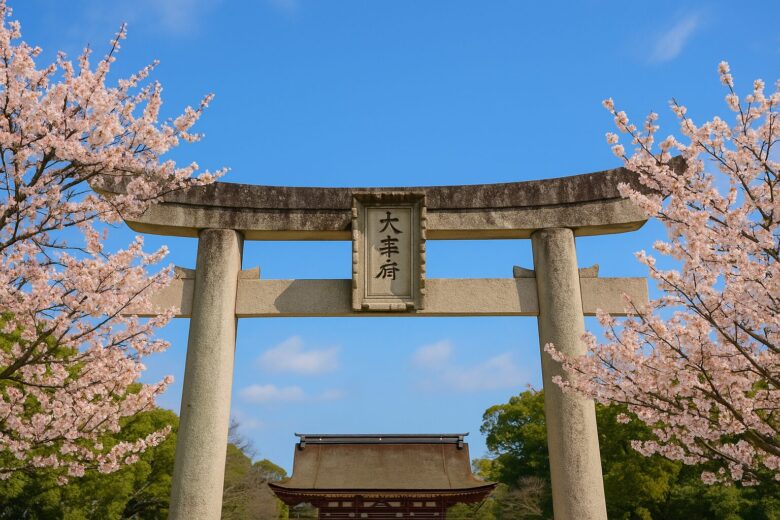 太宰府天満宮の鳥居と満開の梅の花。青空が広がる春の太宰府の風景
