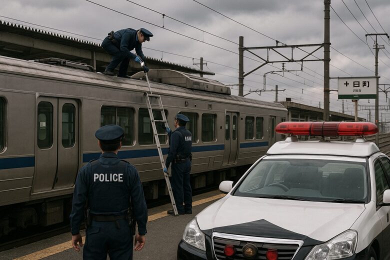 JR十日町駅に停車中の列車。警察官が屋根上を調査している様子とパトカーの現場検証風景。