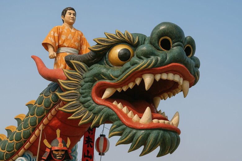 大牟田市の夏祭りに登場する龍の山車とその上に立つ人形