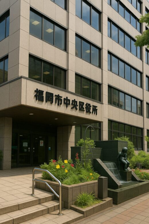 福岡市中央区役所の外観と区章